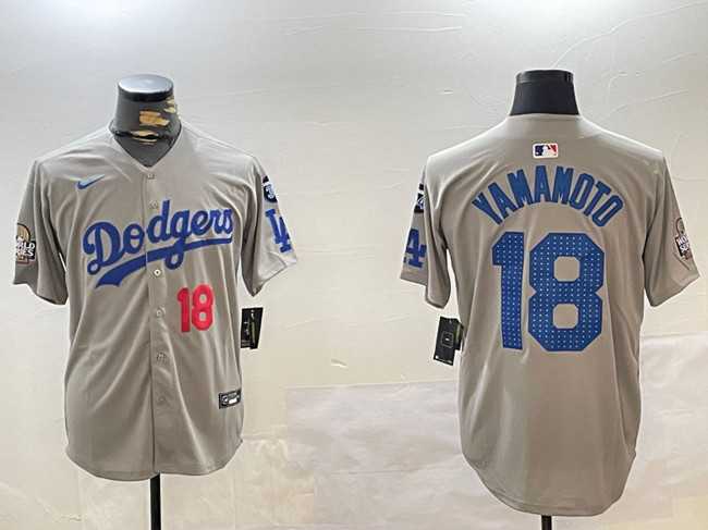 Mens Los Angeles Dodgers #18 Yoshinobu Yamamoto Grey 2024 World Series With Fernando Memorial Patch Limited Stitched Jersey